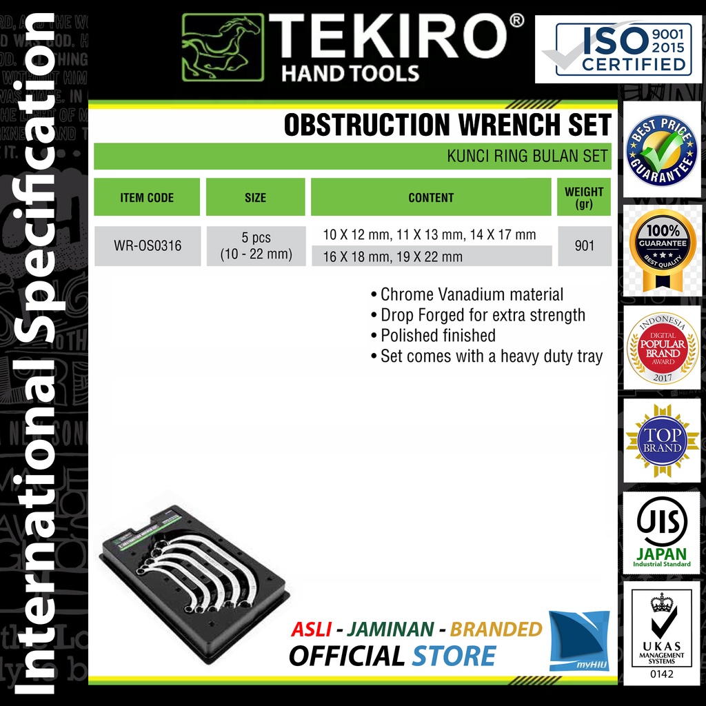 Set Kunci Ring Bulan Kemasan PP Isi 5 pcs  ukuran 10 ~ 22 mm / PP Case Obstruction Wrench Set TEKIRO