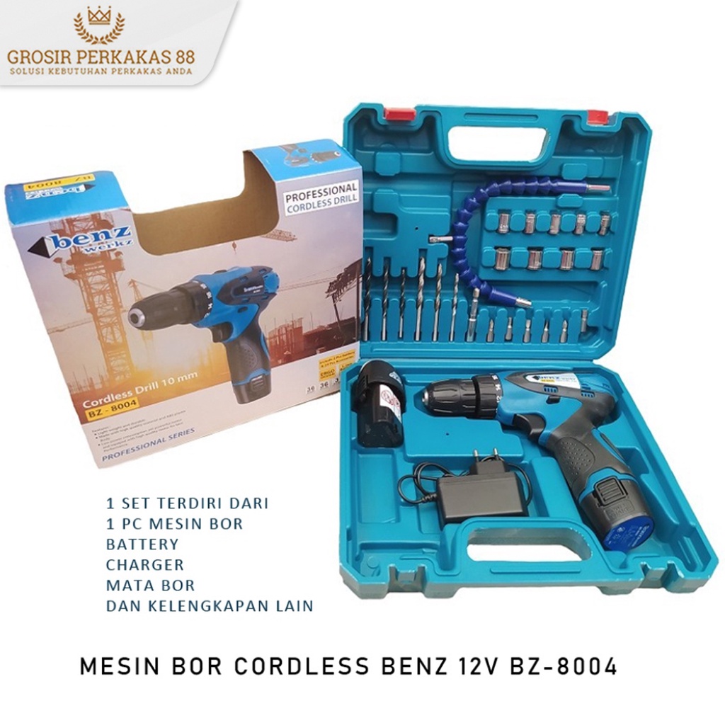 Mesin Bor Cordless Tanpa Kabel Cas BZ8004 Cordles Benz 10mm 12V