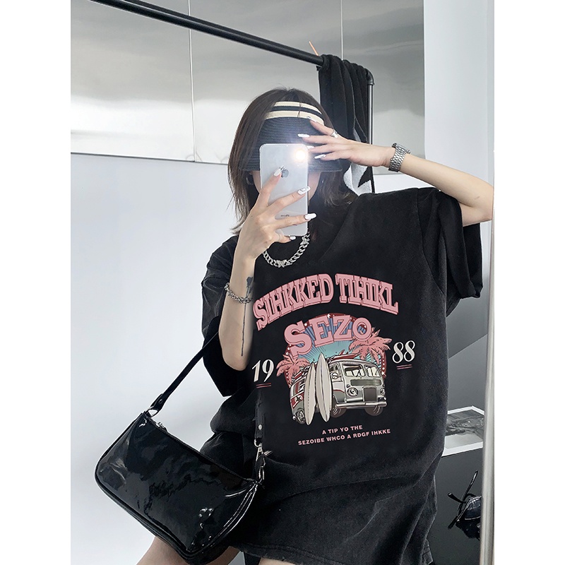 EUNII T-shirt Lengan Pendek Black Washed Retro Car Printing Korean Style/Kaos Atasan Wanita/Baju Wanita/Kaos Wanita