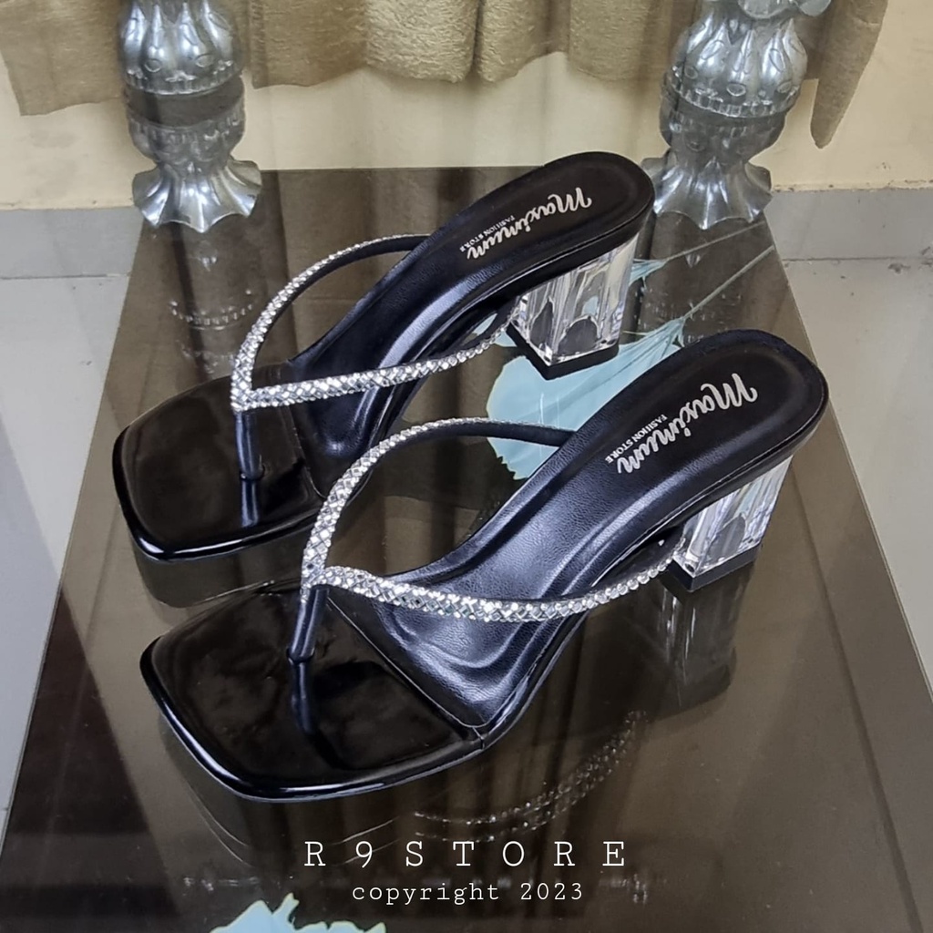 R9 Sandal Wanita Heels Kaca Jepit Premium