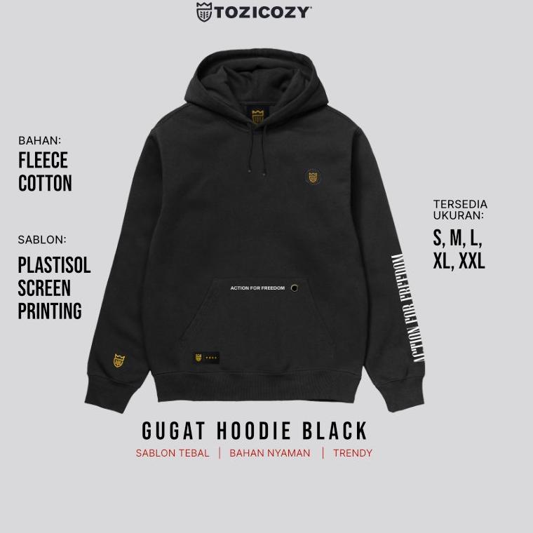 MENARIK Tozicozy Gugat Hoodie Pria Warna Hitam Bahan Fleece Sablon Plastisol Size S M L XL XXL