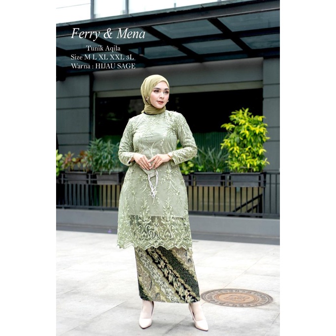 SETELAN KEBAYA TUNIK PESTA AQILA / KEBAYA WISUDA CANTIK/ TUNIK BUTIK KEKINIAN/ TUNIK BROKAT TULLE TE