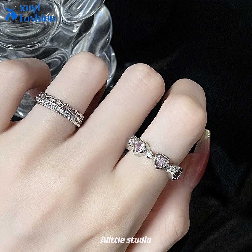 Korea Cincin Perak Zirkon Merah Muda Berbentuk Hati Terbuka Cincin Aksesoris Pacar Perhiasan