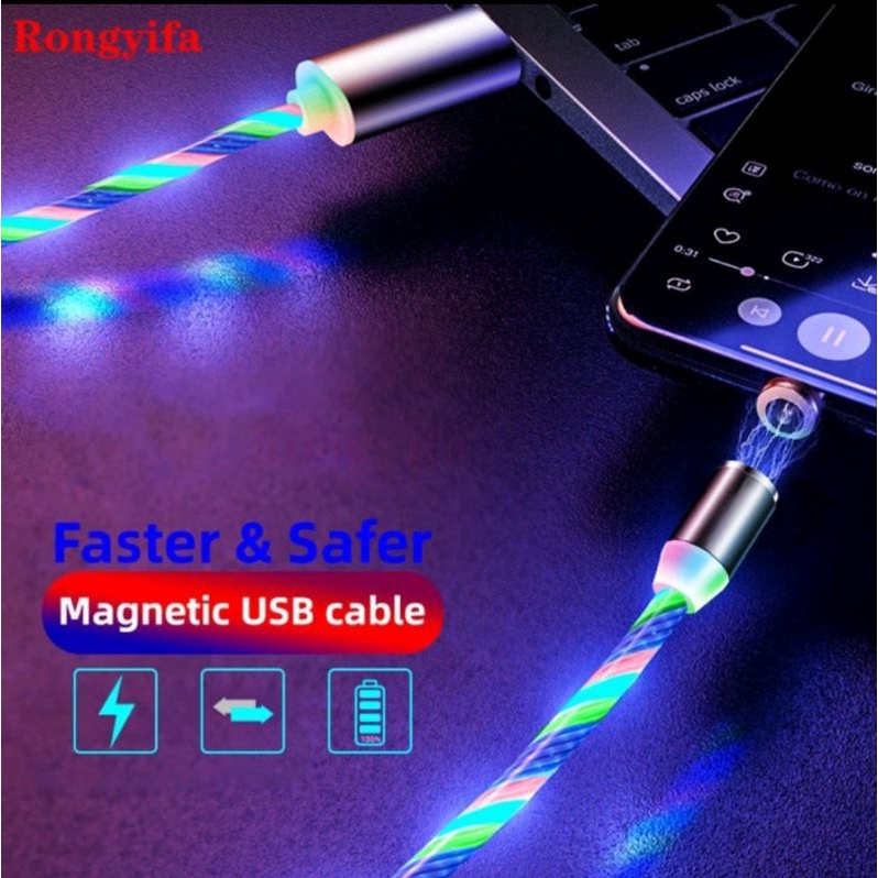 Kabel Data / Charger Magnetic 3in1 (Micro/Type-C/Lightning) Fast Charging Streamer Coloful LED