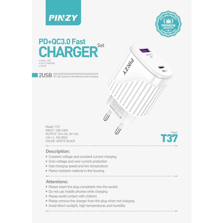 Charger PD20W+QC3.0 PINZY T37 2Port USB Fast Charging Free kabel