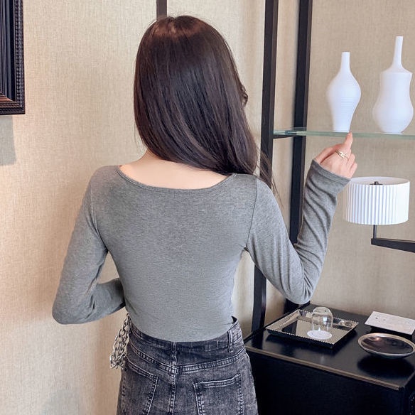 Fashion V-neck Lengan Panjang T-shirt Kemeja Wanita Musim Semi Baru Slim Fit Chic Top Tren