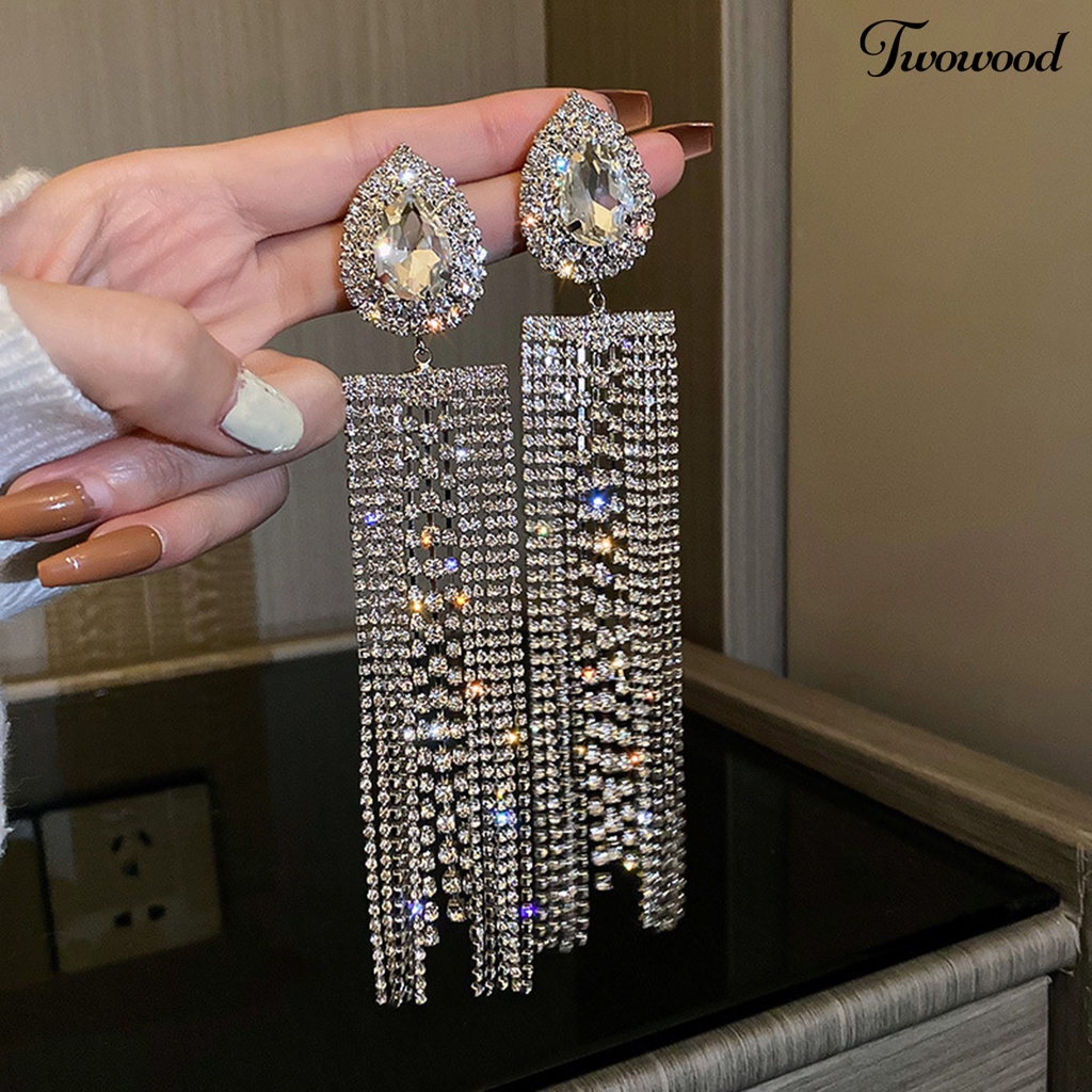 Twowood 1pasang Anting Rumbai Oversize Berlebihan Geometris Eropa Dan Amerika Temperamen Berdandan Ornamen Tetesan Air Panjang Rumbai Kristal Imitasi Anting Perhiasan Fashion