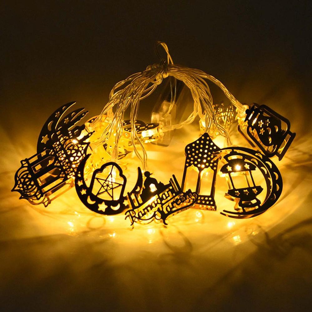 1.65m 10LEDs Eid Mubarak String Lampu Perlengkapan Pesta Muslim Islami Ramadhan Kareem Dekorasi Bulan Bintang Castle Besi Art Lampu Dekorasi Rumah