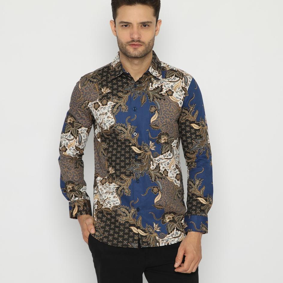 ➴ Platini Kemeja Batik Pria Lengan Panjang biru  ♢