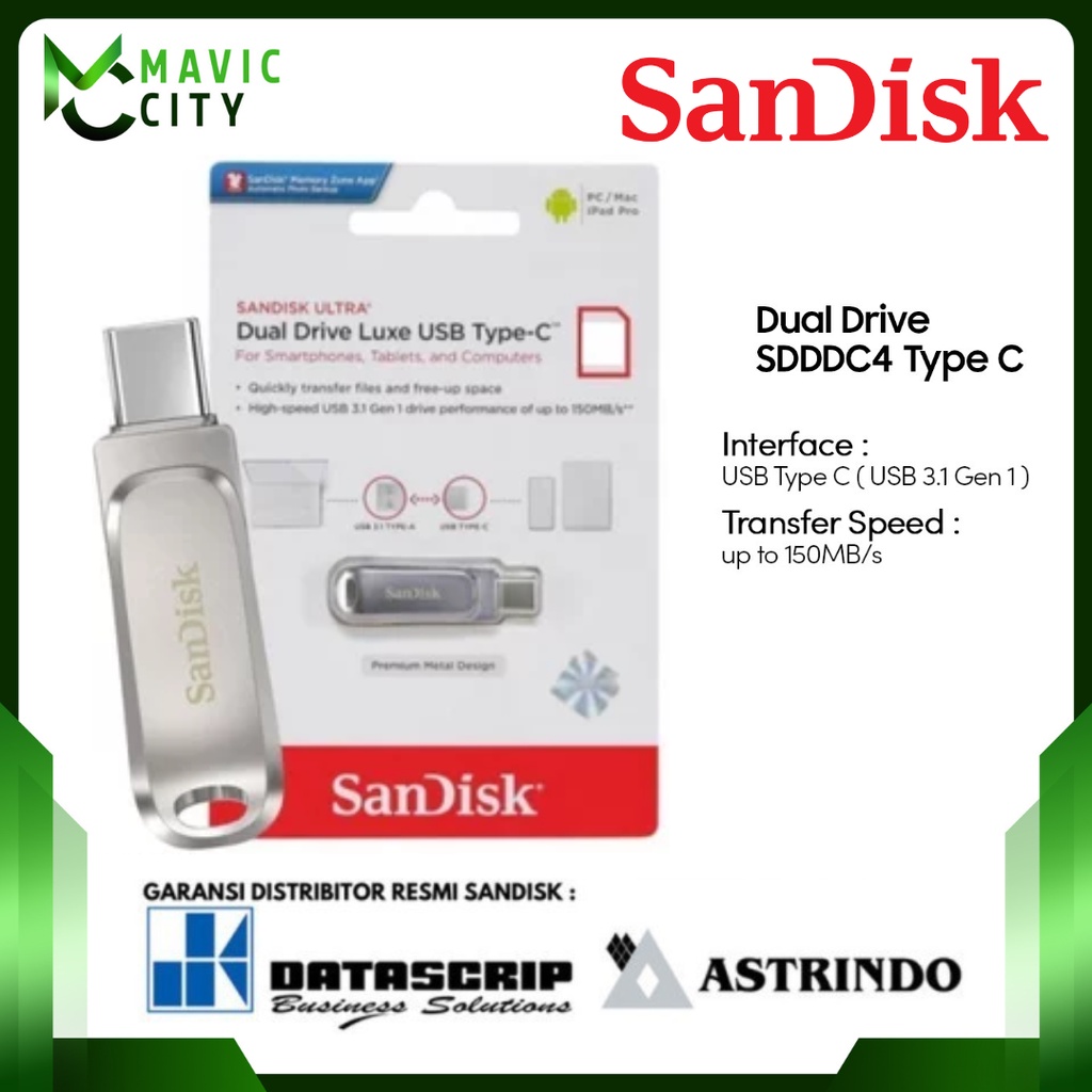 Flashdisk OTG Sandisk 32GB, 64GB, 128GB Ultra Dual Drive Luxe SDDDC4 USB Type C Flash Disk Original