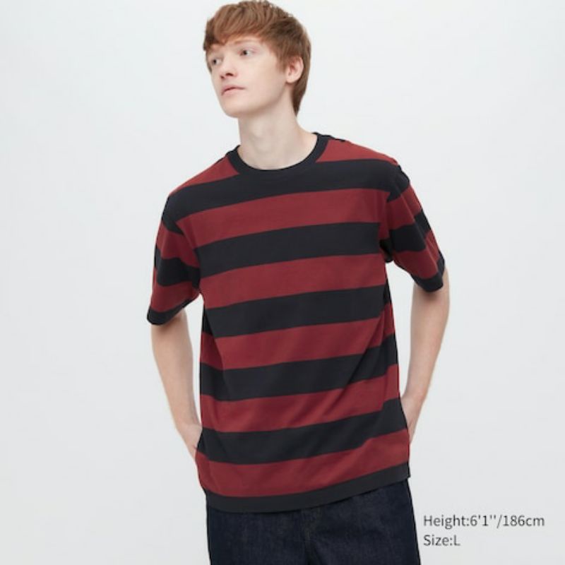 kaos t-shirt Uniqlo garis stripe oversized cowok original