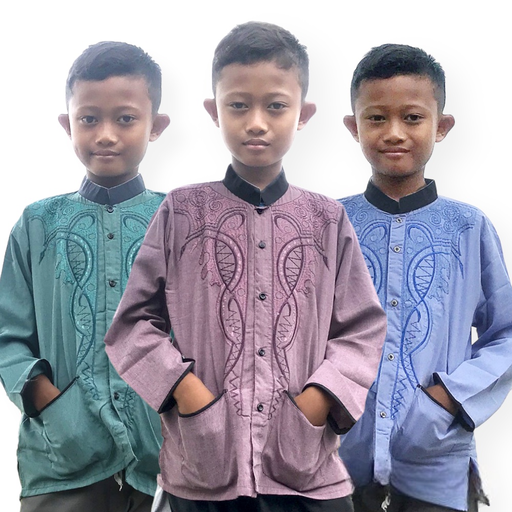 Baju Koko Anak Laki-Laki Kemeja Muslim 7-13 Tahun Bordir Lengan Panjang