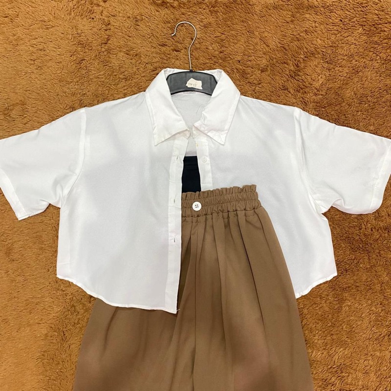 BEFAST - ZRD ONESET WANITA DINI / SETELAN KEMEJA LENGAN PENDEK BALERO CROP / ONESET Wanita Terbaru / Pakaian Casual Wanita Remaja ABG / Set Atasan Hem Lengan Pendek Crop+Celana Panjang / Fashion kekinian Wanita Ala Korean Style / Setelan Polos Formal
