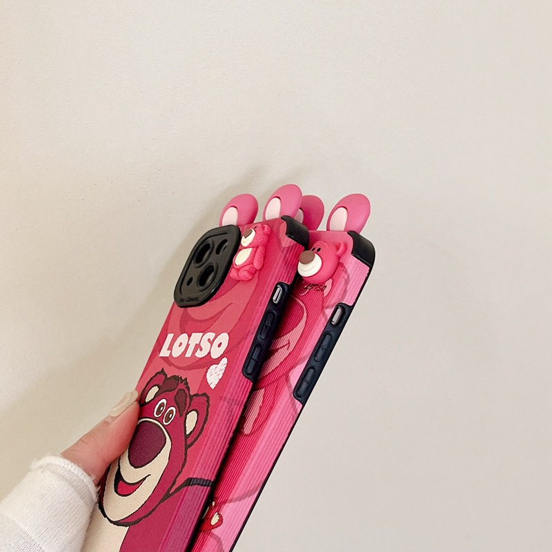 IPHONE Boneka 3D Motif Kuping Beruang Pink Rose Merah Kartun Manyo Soft Case HP iP Iphone7 8 14+Plus SE 2020 X XS XR 11 12 13 14 Pro Max Cewek Casing Apple