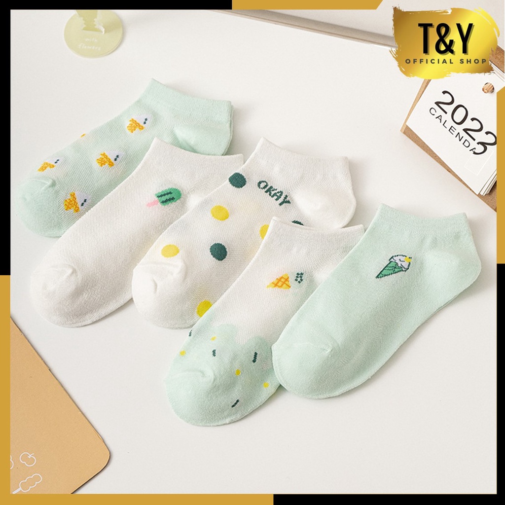 T&amp;Y Kaos Kaki Wanita Pendek Motif Ice Cream 6588 Sarung Kaki Unisex Semata Kaki Warna Hijau Motif Es Krim Ankle Socks Karakter Korean Model Simple Cute