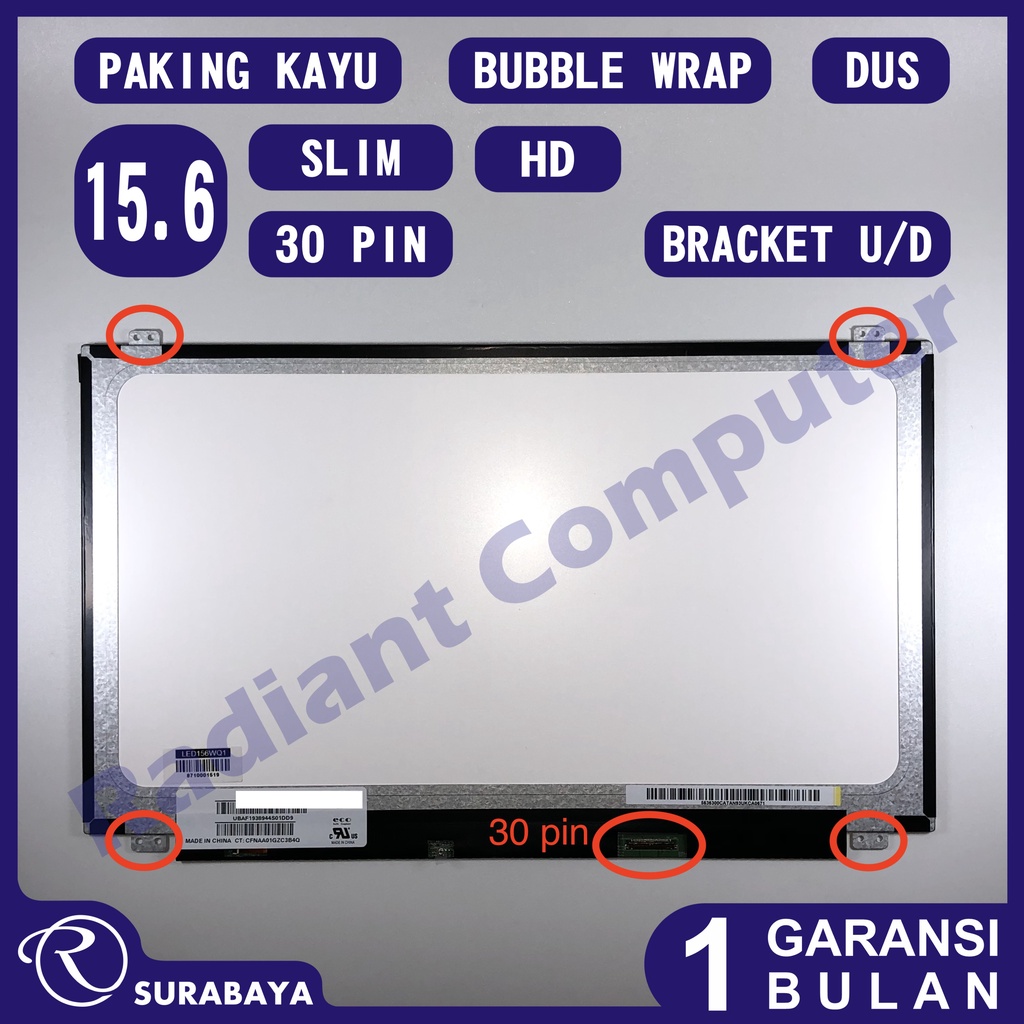 LCD LED 15.6 Slim 30 pin HD 1366x768 bracket Atas-Bawah