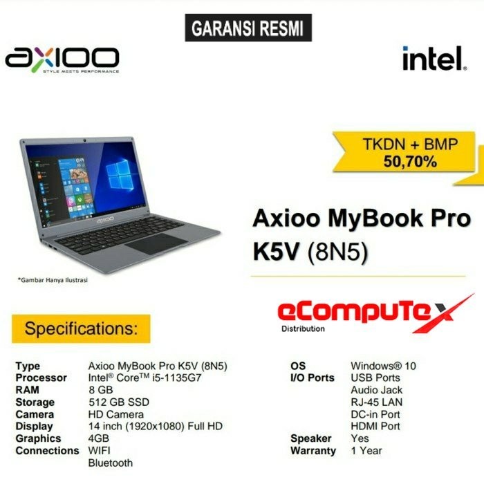 LAPTOP AXIOO MYBOOK PRO K5V (8N5) i5 8GB 512GB 14&quot;FHD IPS TKDN GARANSI RESMI