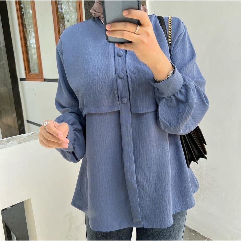 Promo Baju Kemeja Wanita Polos Casual Wanita Lengan Panjang Terbaru 2023 Bahan Crinkle Premium Elega