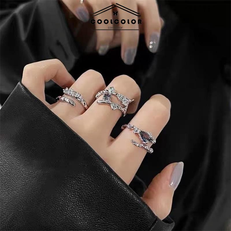 COD❤️3PCS Cincin RetroDesain Ceruk  Temperamen Mewah  Buka Dapat Disesuaikan  Cincin Jari Telunjuk- cl