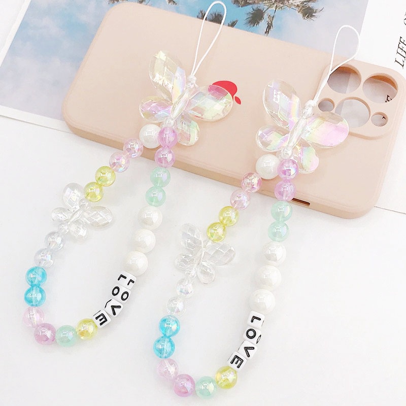 3d Multifaced Butterfly Dazzle Bulat Transaprent Beads Untuk iPhone Android OPPO VIVO Huawei Xiaomi Redmi Samsung Semua Ponsel Earphone Case Rantai Anti Hilang