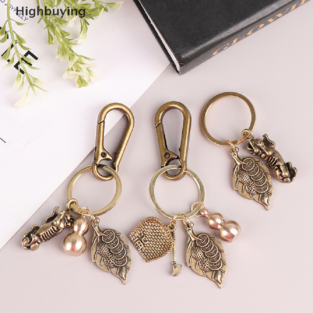 Hbid Kekayaan Sukses Cina Feng Shui Antik Kuningan Murni Gantungan Kunci Labu Pixiu Keyring Glory