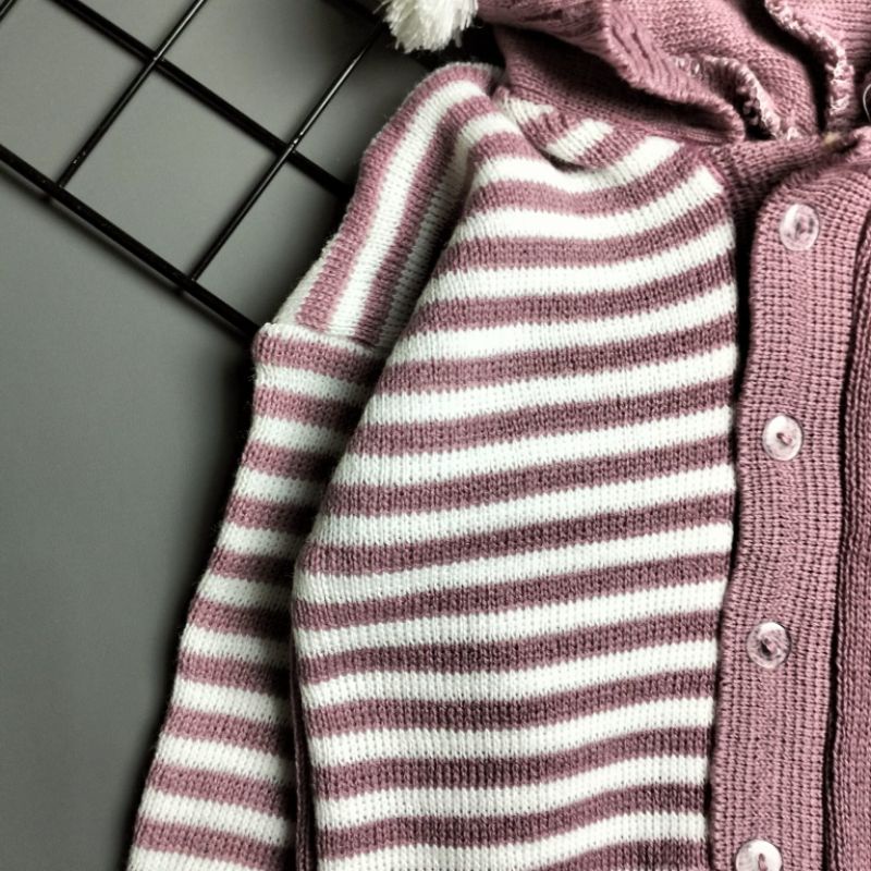 jumper rajut hoodie bayi 0-6 bulan motif salur kombinasi pompom