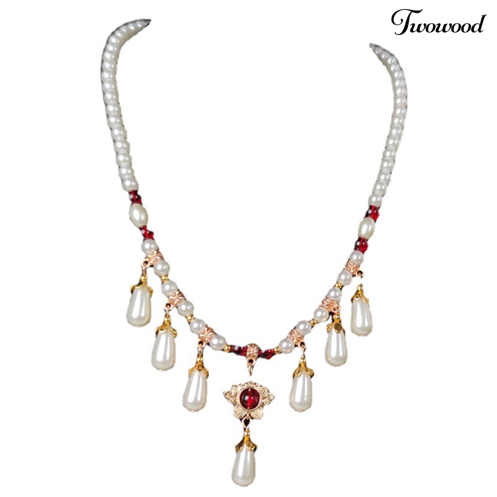 Twowood Hias Berlian Imitasi Teardrop Liontin Adjustable Vintage Kalung Wanita Mutiara Imitasi Cheongsam Necklace Perhiasan Aksesoris