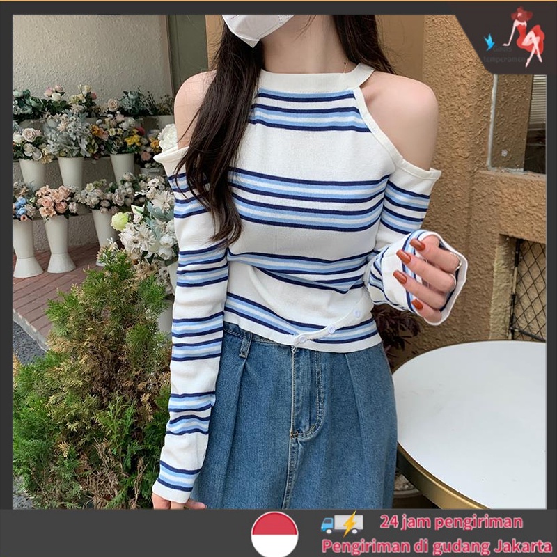 Kaos Rajut Premium Wanita Sexy Off Shoulder Top Lengan Panjang Terbaru Atasan Knit