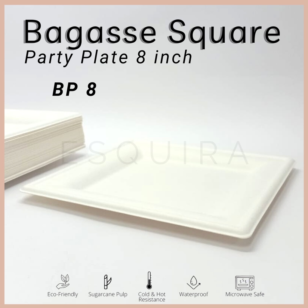 Bagasse Square Party Plate 8 inch / Sugarcane Plate 10 PCS / BP-8