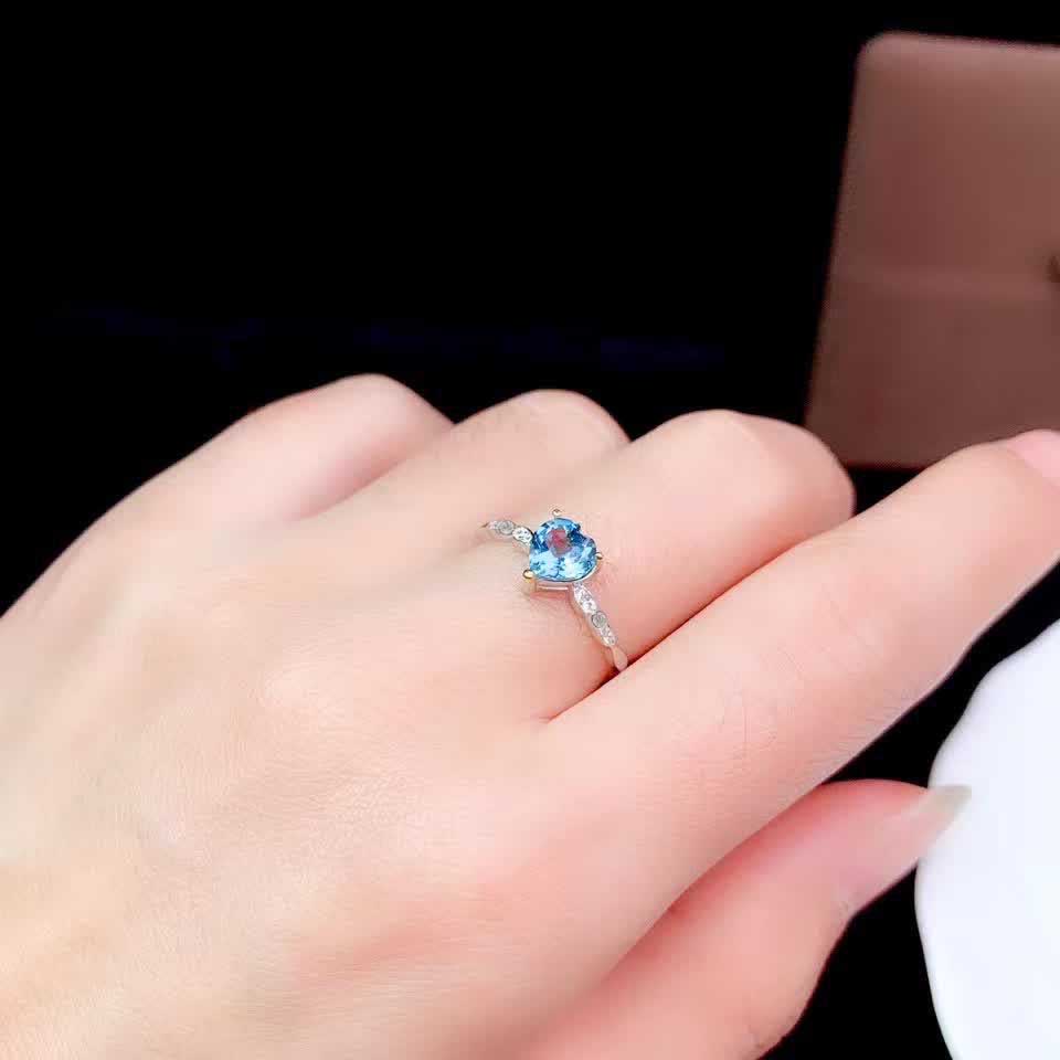 Elegan Gaya Sederhana Hati S925 Sterling Perak Aquamarine Berlian Wanita Fashion Perhiasan Pernikahan Pertunangan Rings