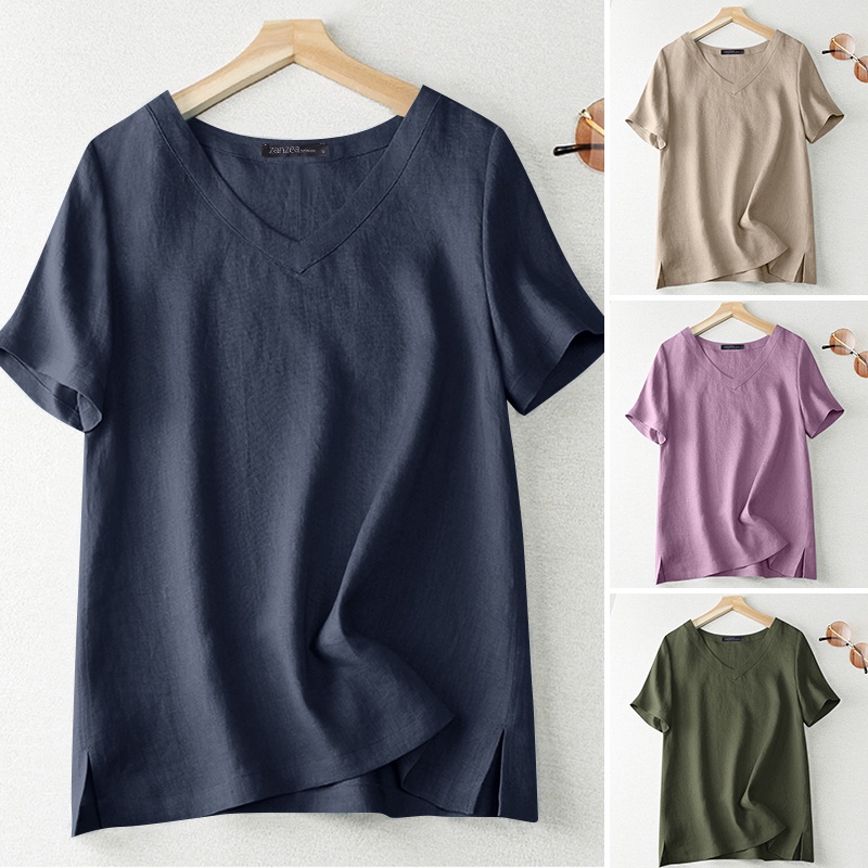 ZANZEA Women V Neck Short Sleeve Solid Color Casual Loose Blouse