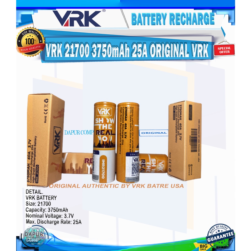 BATRE/BATTERY VRK 21700 3750mAh 25A ORIGINAL BY VRK BATRE USA