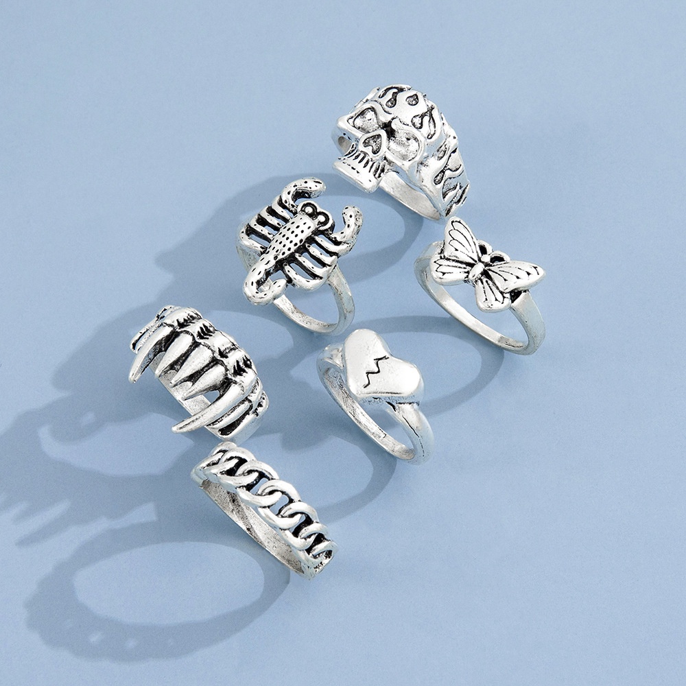 Kepribadian Hip-hop Fashion Retro Kalajengking Taring Cinta Tengkorak Kupu-Kupu Cincin Kombinasi