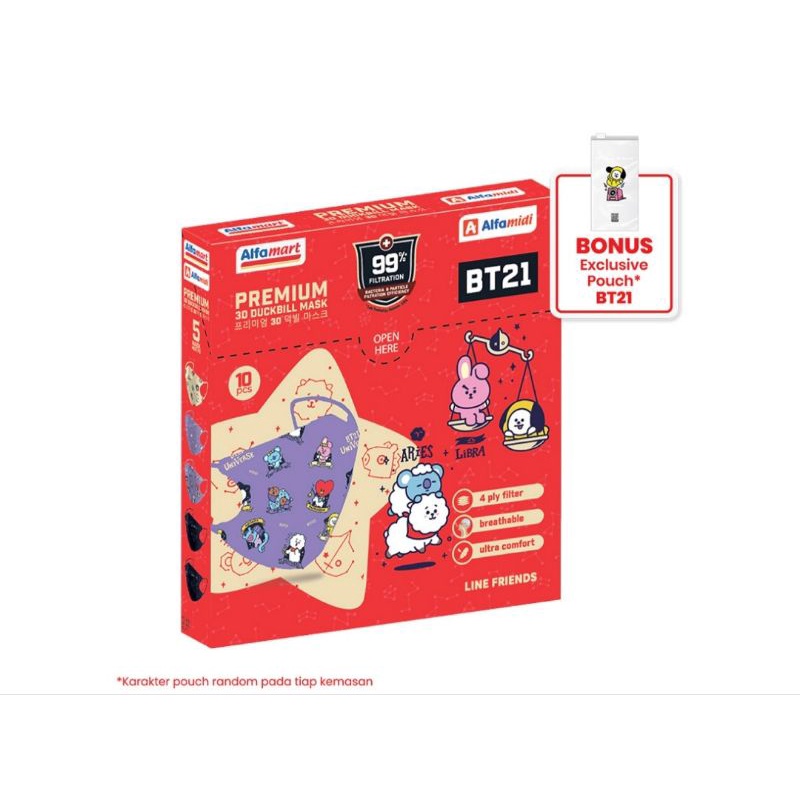 Masker Alfamart BT21 Adult 3D 4ply isi 10pcs + Pouch