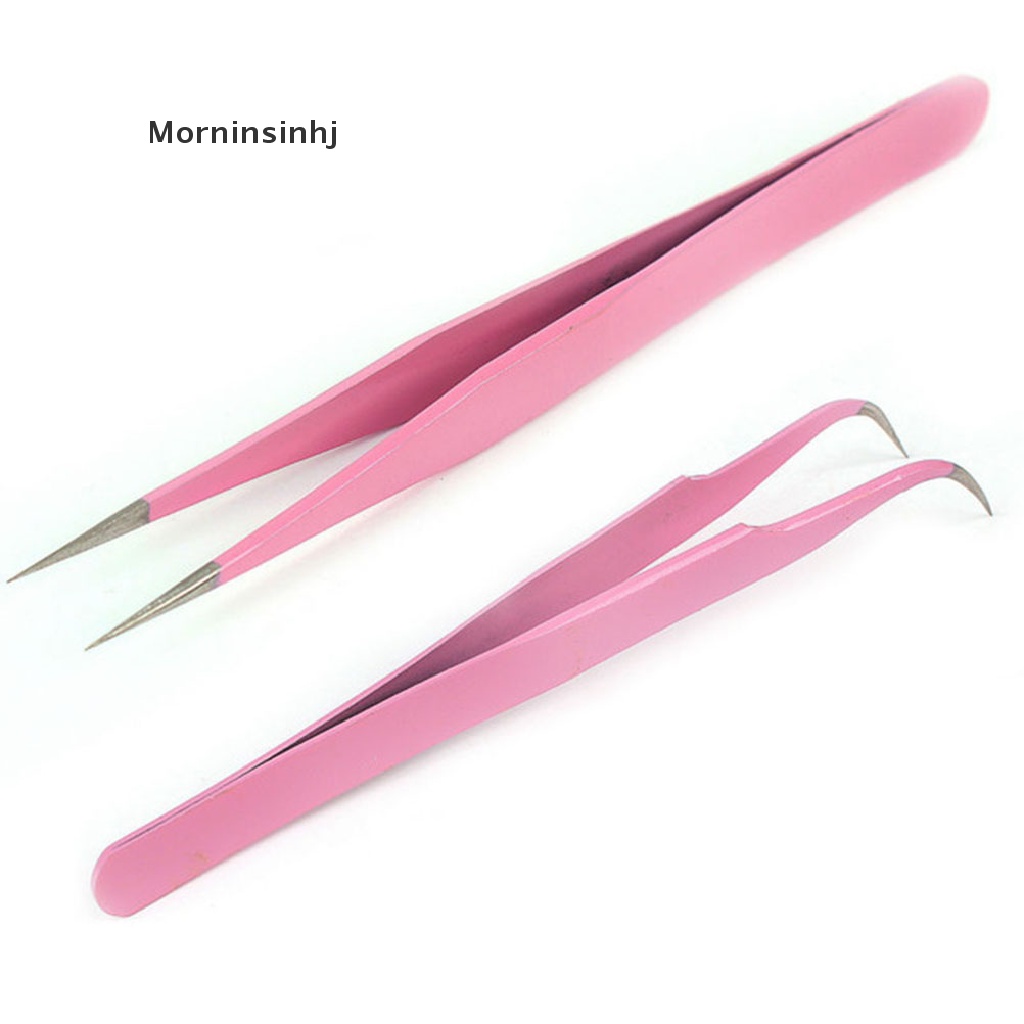 Mornin 2PCS Steel Pink Straight+Bend Tweezer Untuk Eyelash Extensions Nail Art Nippers id