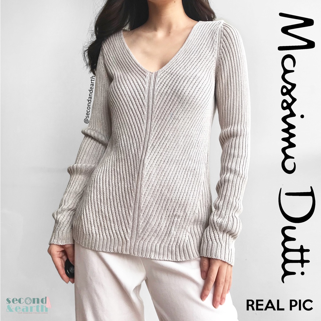 LIKE NEW Massimo Dutti Sweater (XXS-XS) Italian Yarn Atasan Rajut Lengan Panjang V-Neck Nude Beige P