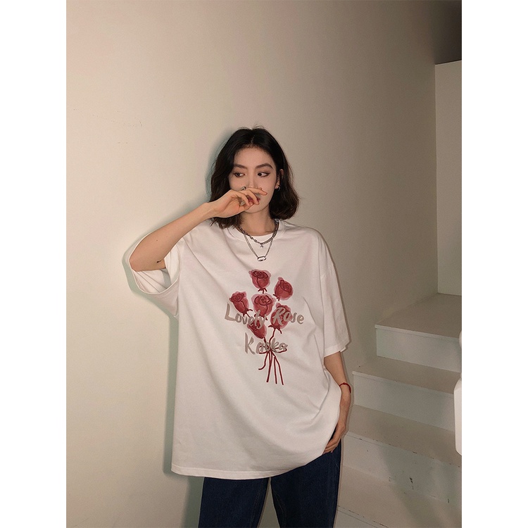 American Retro Rose Motif Printed T-shirt Lengan Pendek Oversize Kekinian Basic Kaos Hitam Wanita
