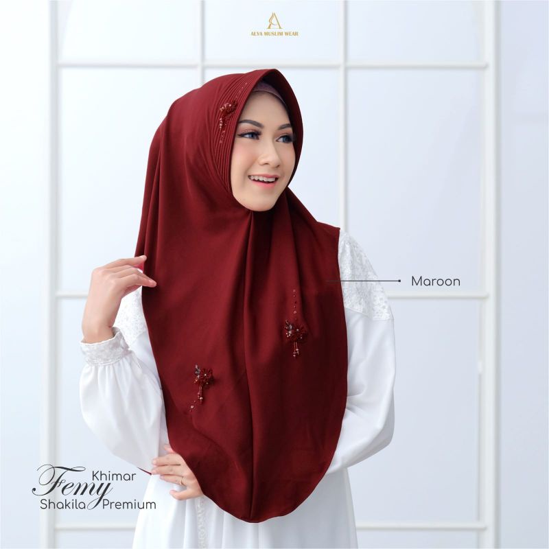 Khimar Femi Alya Muslim Wear Hijab Instan Payet Polos Cantik Kondangan Resmi Branded Shakila Premium