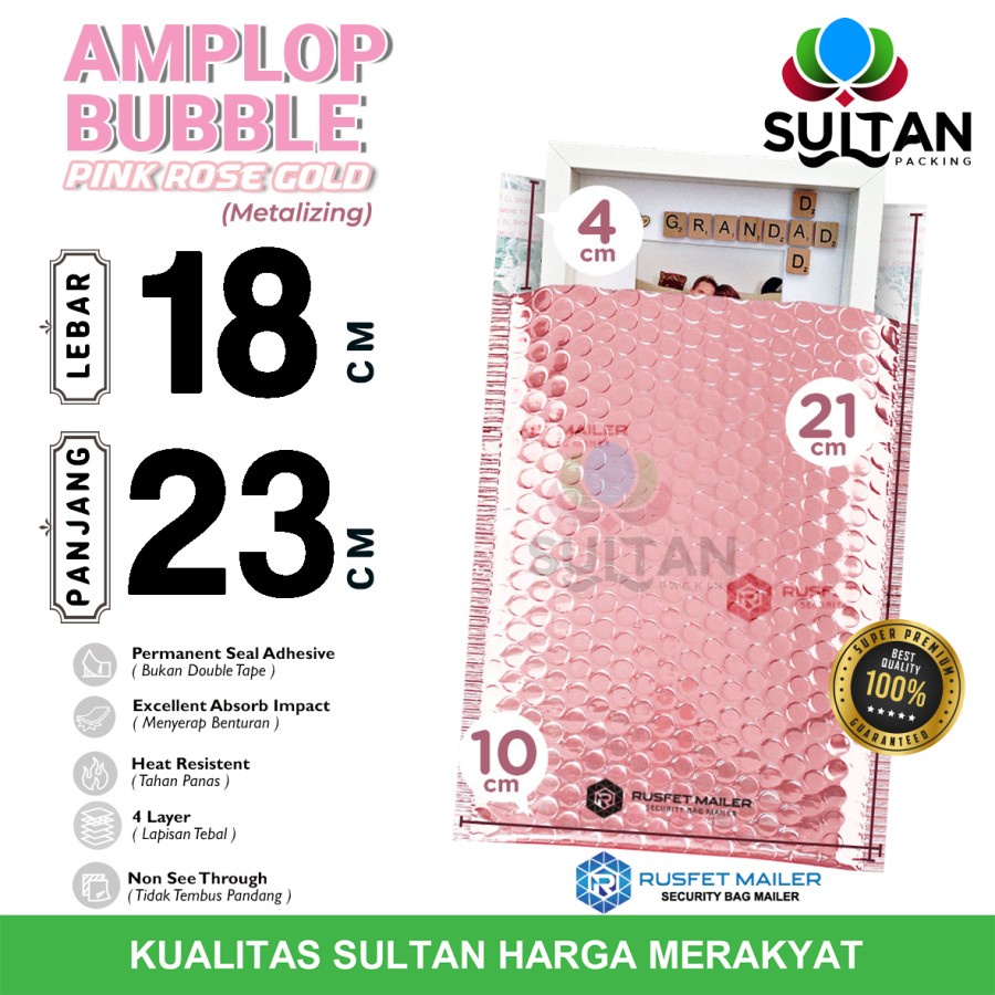 AMPLOP BUBBLE MAILER 18x23cm PINK ROSEGOLD BUBBLE WRAP ENVELOPE RUSFET