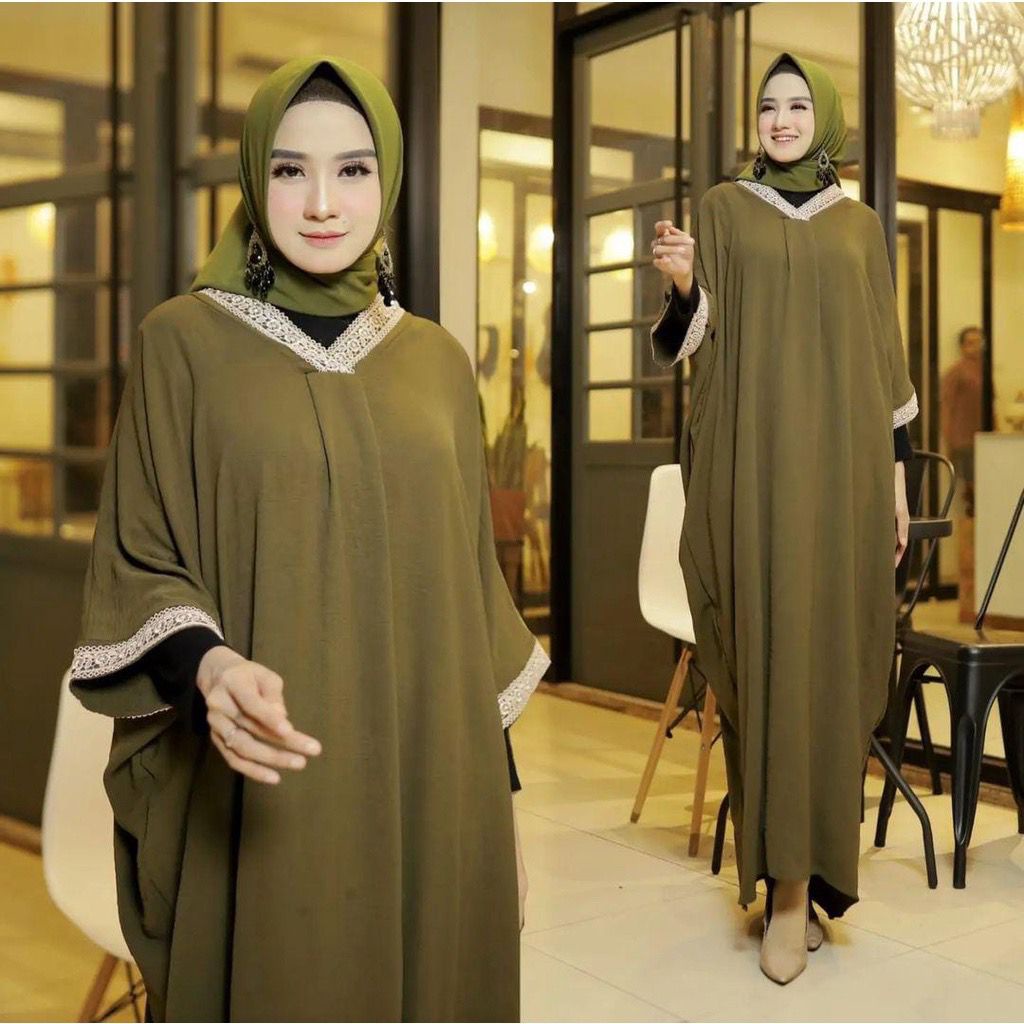 Prily Kaftan Baju Wanita Gamis Kekinian Bahan Crinkle AirFlow Aksen Renda Gamis Jumbo Ld130 cm Gaun Pesta Muslimah