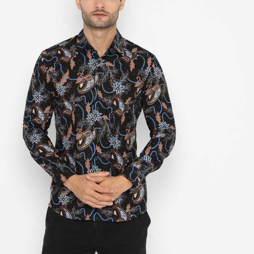 ☆ Platini Kemeja Batik Pria Lengan Panjang Katun Hitam  ❉