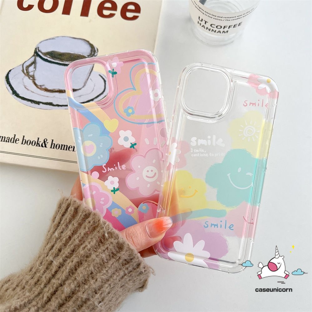 Compatible For iPhone 11 14 13 12 Pro Max 7 8 6 6S Plus XR X XS MAX Ins Korea Lucu Senyum Segar Cat Air Bunga Awan Cinta Hati Lembut TPU Penutup Belakang Shockproof Airbag Case