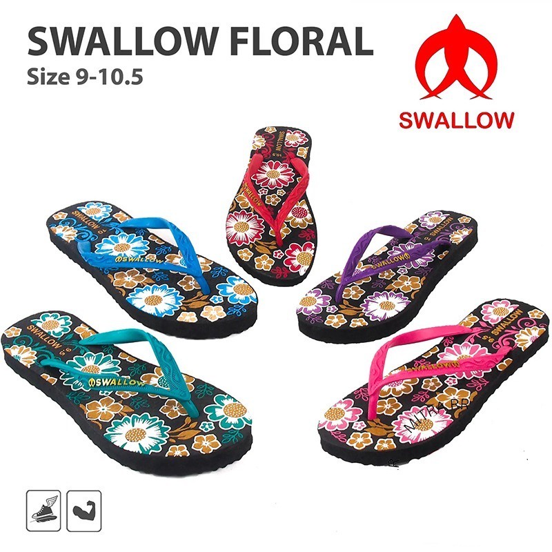 Sandal Swallow Floral | Sendal Jepit Wanita Motif Bunga Emas Metalik Original