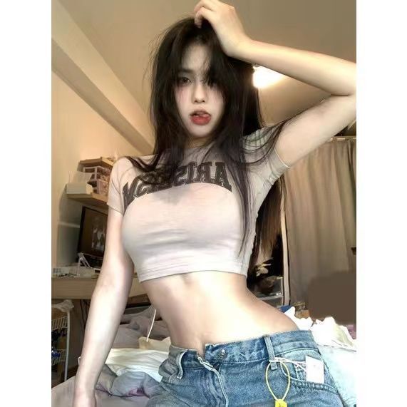 Red 100% katun American retro bahu depan lengan pendek t-shirt wanita musim panas rasa desain ceruk hot girl slim pendek top