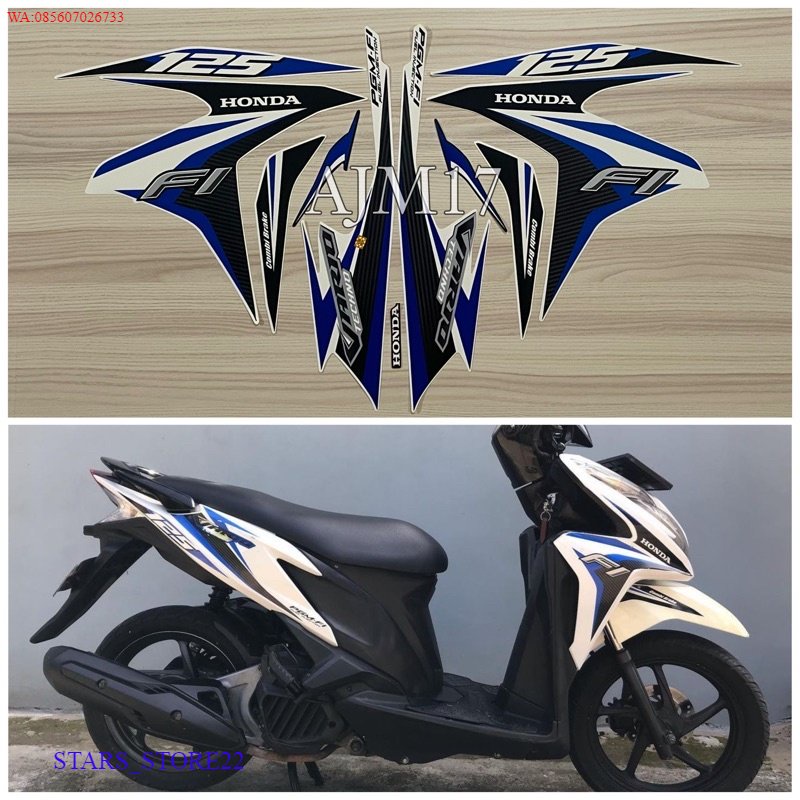 (ORI) STIKER STRIPING VARIO TECHNO 125 TAHUN 2014 PUTIH LIS BIRU KUALITAS ORIGINAL PABRIK
