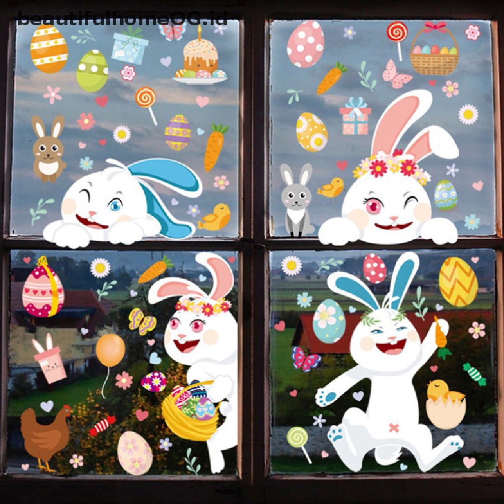 // Beautifulhomeog.id// Stiker Jendela Kaca Happy Easter Colorful Bunny Eggs Wall Sticker 25x35cm **