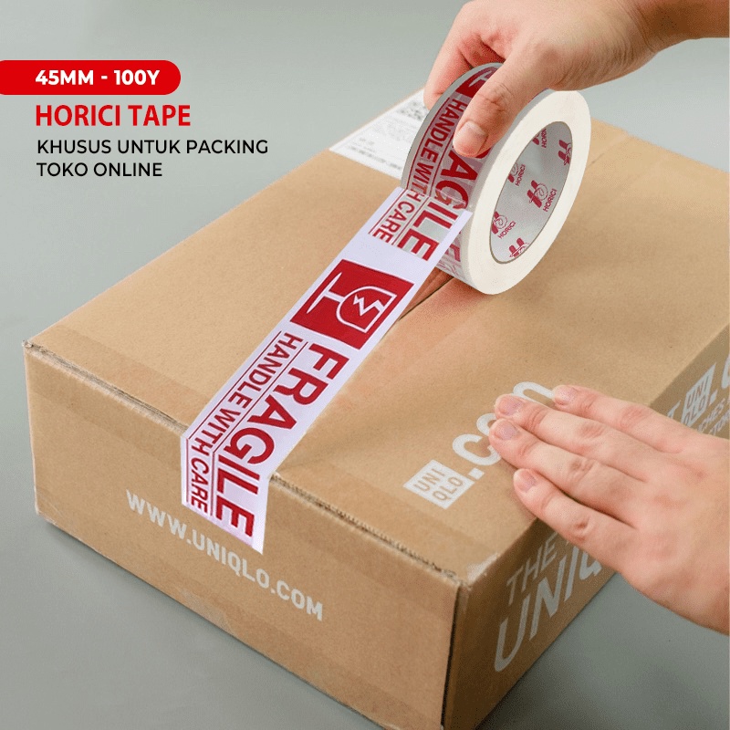 HORICI TAPE 45MMx100Y lakban Fragile Jangan di banting Isolasi Mudah Pecah Belah Aneka varian termurah satuan