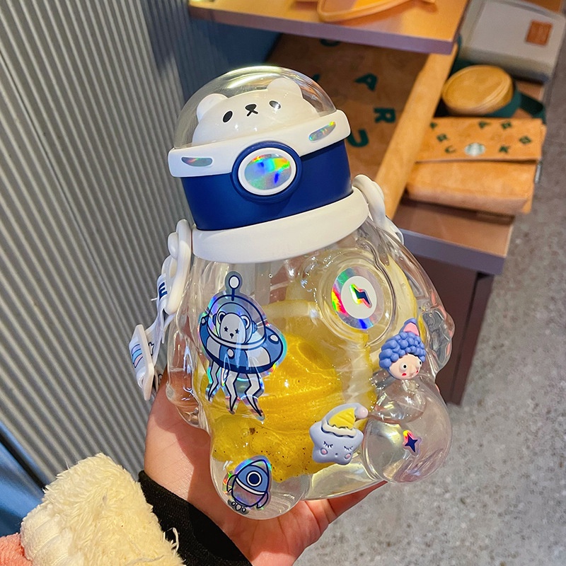 Indah Dirgantara Beruang Perut Gelas Plastik Diagonal Straddle Strap Straw Water Bottle DIY Siswa Minum Cangkir Air Di Sekolah