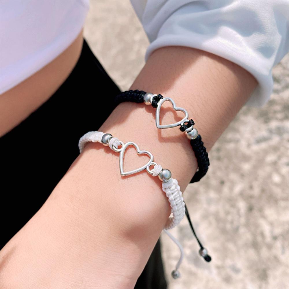 Timekey Kreatif Pasangan Hitam Dan Putih Gelang Berongga Cinta Rajut Gelang Adjustable Pasangan Gelang Wanita Pria Perhiasan J4K8