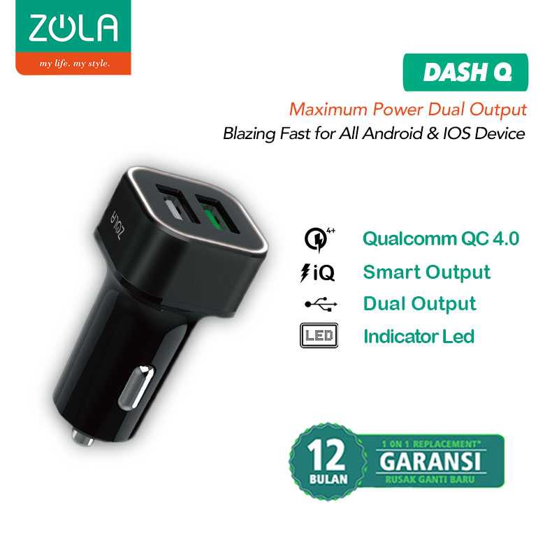 Zola International Dash Q Car Charger Dual Quick Charge 3.0
